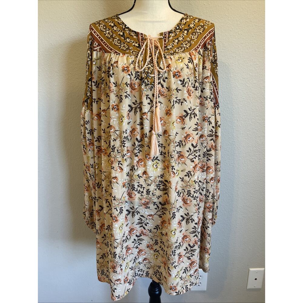 Umgee Women’s Oversized Boho Floral Dress Long Sleeve Lightweight Size XL